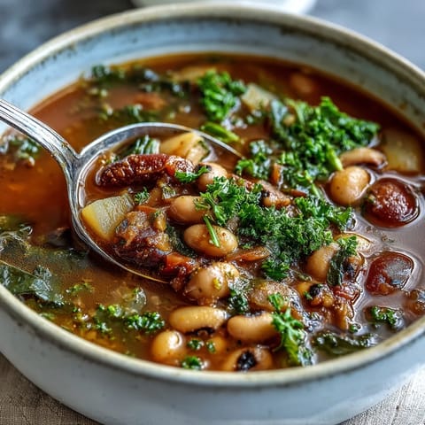 A comforting bowl of black-eyed pea stew with chefs touch, brimming with tender vegetables and savory tomato broth.  