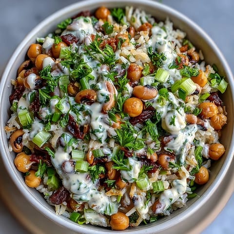 Southern-inspired Hoppin John Salad with colorful vegetables and protein-rich legumes, perfect for New Year's prosperity.  