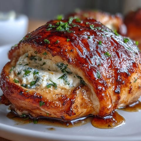 Hot honey ricotta stuffed chicken breasts baked to golden perfection with a sweet-spicy glaze.  