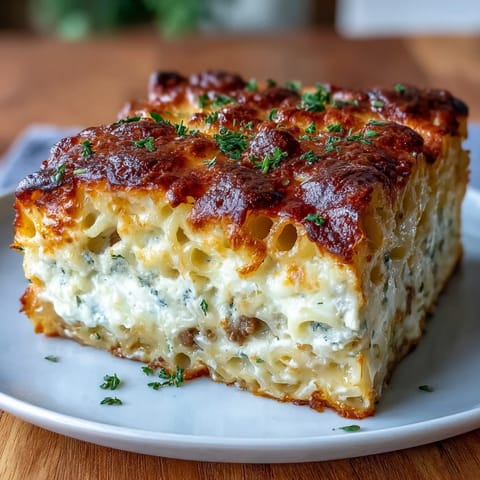 Creamy cottage cheese protein pasta bake with ground beef, mozzarella, and Parmesan, baked until golden and bubbling.