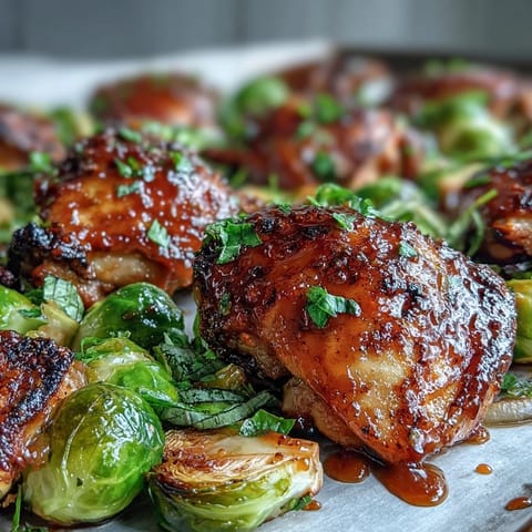 Golden roasted honey mustard chicken and Brussels sprouts, perfectly seasoned and caramelized on a single pan for easy cleanup.  