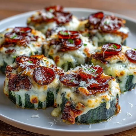 Delicious Keto Pepperoni Zucchini Pizza Boats with Mozzarella Melt: low-carb zucchini boats loaded with gooey mozzarella, zesty pepperoni, and Italian herbs for a guilt-free pizza night.  