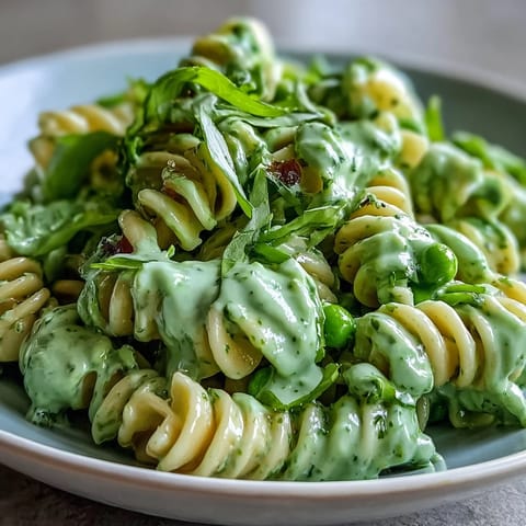 Vibrant vegan creamy green goddess pasta salad with peas and basil, tossed in herby dressing and fresh veggies for a refreshing, plant-based meal.