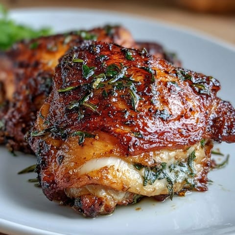 Herb roasted chicken thighs with carrots and potatoes, golden and crispy, served on a rustic sheet pan with fresh parsley garnish.