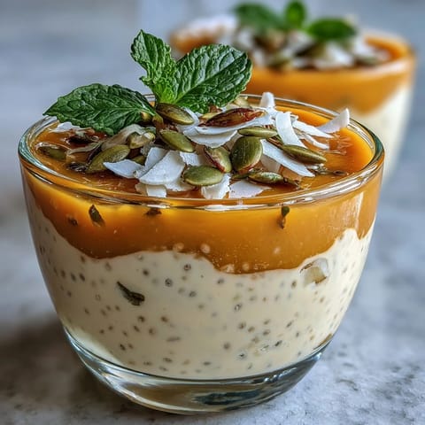 Refreshing breakfast cups featuring light coconut milk chia pudding and fresh mango layers.  