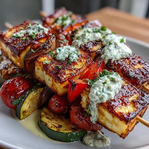Grilled veggie and halloumi skewers with herb yogurt sauce, perfect for a colorful vegetarian barbecue.