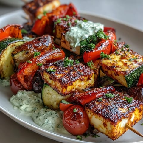 Golden halloumi and vibrant vegetables on skewers, served with a cool, herby yogurt dip for a summer meal.