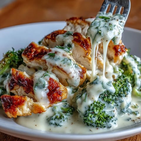 Creamy, dreamy Chicken Alfredo served over bright green broccoli florets, topped with fresh parsley and a sprinkle of black pepper.  
