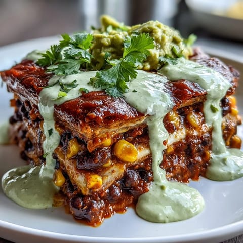 A vibrant vegan black bean enchilada casserole with colorful vegetables and smoky sauce, baked to perfection and ready to serve.