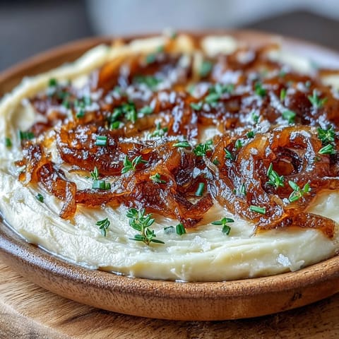 Rich, savory butter board featuring silky caramelized onions blended into salted butter, perfect for spreading on warm crusty bread.  