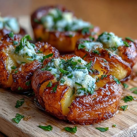 Crispy smashed baby potatoes drizzled with fragrant garlic olive oil and fleur de sel, perfect as a golden side dish.