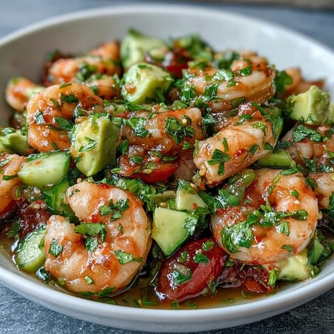 Vibrant chilli lime shrimp ceviche with creamy avocado and fresh cilantro, served chilled with lime wedges and tortilla chips.  