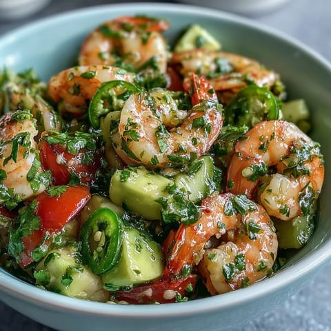 Zesty shrimp ceviche marinated in lime juice, tossed with tomatoes, cucumber, and a kick of jalapeño for a refreshing appetizer.  