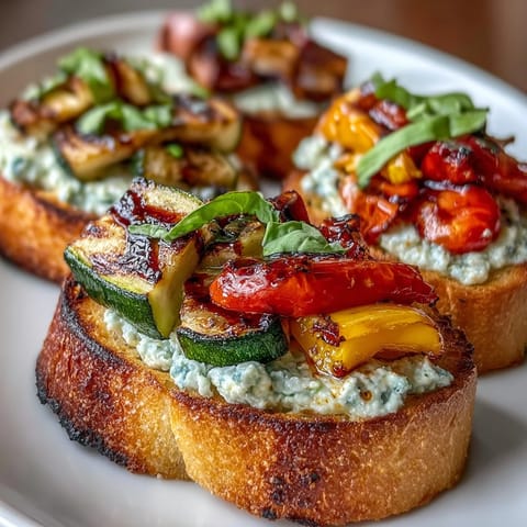 Crispy baguette slices brushed with garlic butter and topped with roasted vegetables and creamy ricotta for a vibrant appetizer.  
