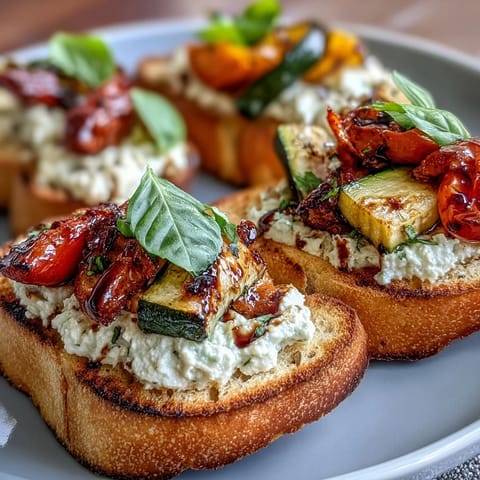 Golden crostini topped with a colorful medley of charred zucchini, peppers, and cherry tomatoes, finished with fresh basil.  