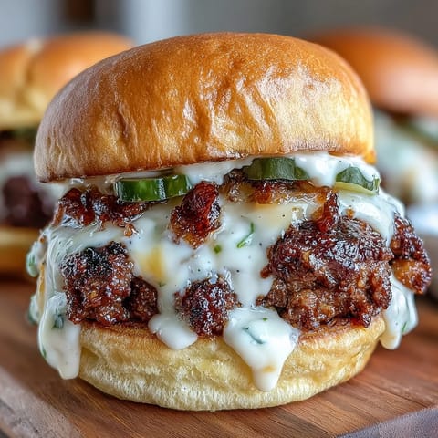 Juicy, crispy mini smash burger rolls with seasoned beef patties, melted cheddar, tangy pickles, and creamy special sauce on soft slider buns.  