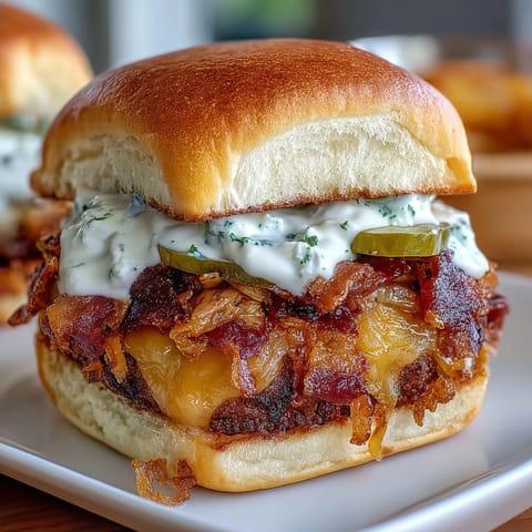 Golden, buttery mini burger rolls loaded with thin, seared beef patties, diced onions, and zesty special sauce for a crowd-pleasing appetizer.  