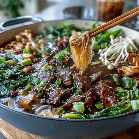 A steaming Asian hot pot filled with colorful vegetables, noodles, and thinly sliced meats cooking in an aromatic broth at the center of a communal table.