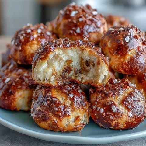 Golden sourdough pretzel bites with caramelized onions, perfect for dipping and sharing at gatherings.  