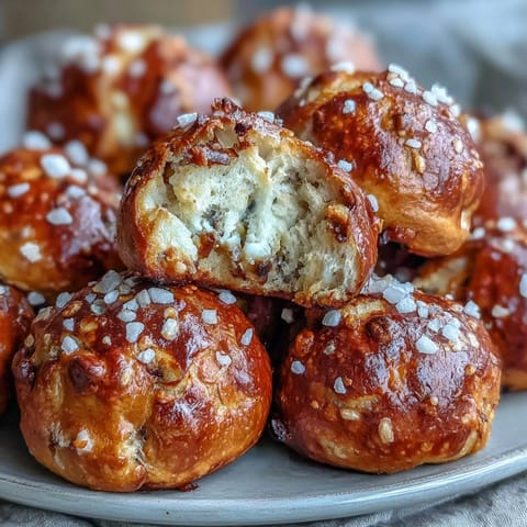 Soft and chewy sourdough pretzel bites infused with sweet, golden caramelized onions, ideal for game day snacking.  