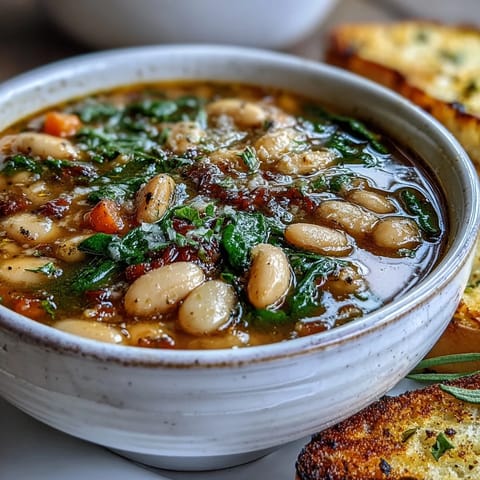 Creamy Tuscan white bean soup with tender vegetables and aromatic herbs, served with golden garlic bread for a cozy meal.  