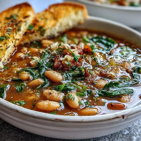 Aromatic white bean soup brimming with fresh spinach and herbs, paired with crisp, buttery garlic bread for dipping.  