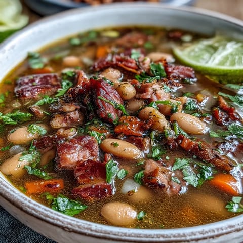 Hearty ham and pinto bean soup in a rustic bowl, garnished with fresh cilantro and lime wedges.  