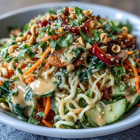 Vibrant Asian Spring Roll Bowl with Peanut Sauce topped with crisp vegetables and creamy peanut dressing.  