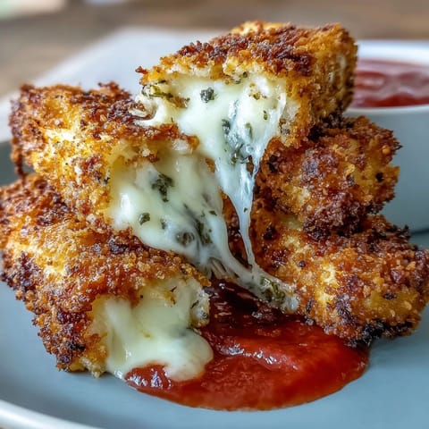 Golden, crispy mozzarella sticks air-fried to perfection, served with a zesty marinara dip for a classic appetizer twist.  