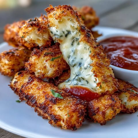 Crunchy, cheesy mozzarella sticks with a golden breadcrumb crust, paired with a warm, flavorful marinara dipping sauce.  