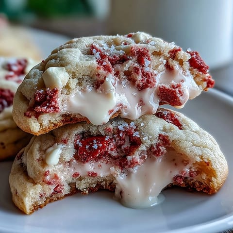 Valentine Strawberry White Chocolate Cookies with freeze-dried strawberries and creamy white chocolate chips, perfect for sharing with loved ones.
