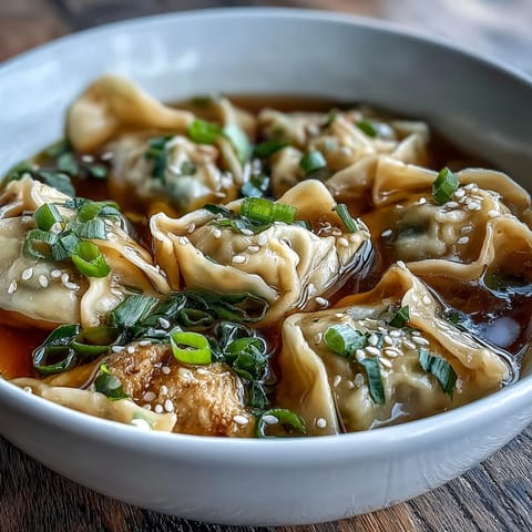 Hearty dumpling soup with tender chicken dumplings in savory broth, garnished with fresh scallions and a sprinkle of sesame seeds.