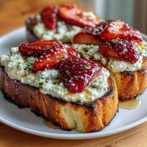 A vibrant strawberry ricotta toast topped with fresh berries and a drizzle of honey for a perfect Galentines brunch.  