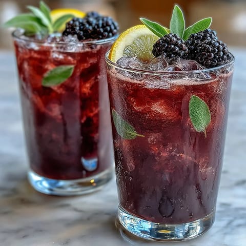 Refreshing non-alcoholic summer drink with juicy blackberries, aromatic sage, and sparkling water over crushed ice, perfect for gatherings.  