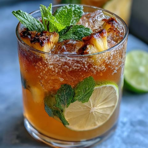 Refreshing Pineapple Ginger Fizz drink in tall glasses with ice, garnished with pineapple wedges and mint leaves.  