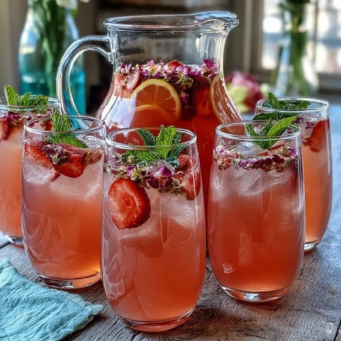 A vibrant pitcher of strawberry rose lemonade with fresh strawberries and lemon slices floating on top.