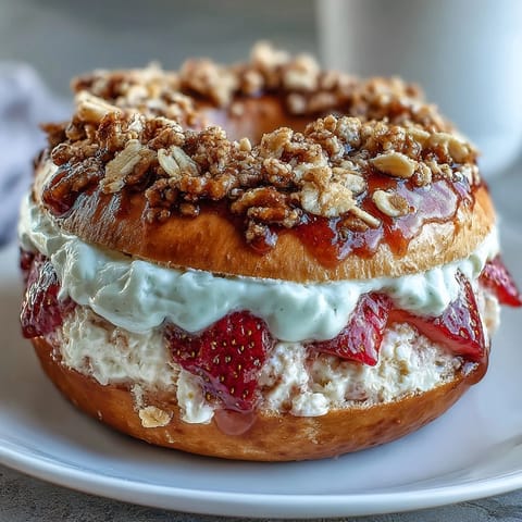High-protein strawberry bagels topped with a sweet crumble, perfect for a healthy breakfast or post-workout snack.  