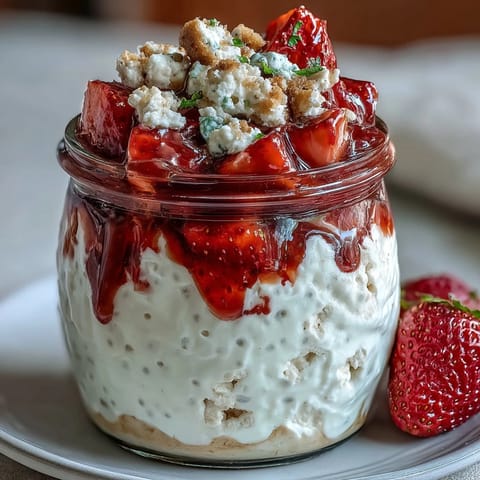 Protein-packed strawberry cheesecake overnight oats with creamy cottage cheese, oats, and juicy strawberries for a healthy breakfast.  