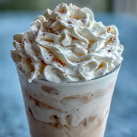 Creamy vanilla bean frappuccino protein shake with Greek yogurt, blended smooth with almond milk and vanilla protein powder.