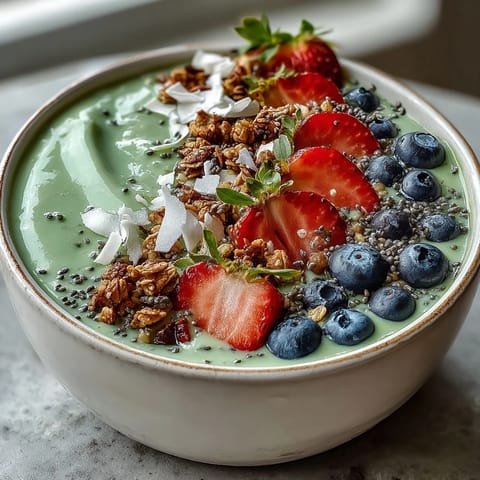 Creamy matcha smoothie bowl topped with vibrant berries, granola, and coconut for a nourishing breakfast