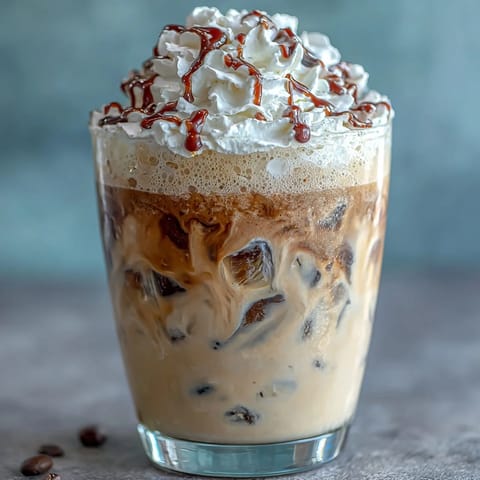 Creamy vanilla frappuccino with cold brew ice cubes, topped with whipped cream and vanilla bean drizzle in a tall glass.