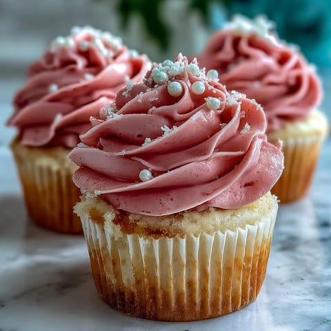 Bridal shower vanilla cupcakes with pink frosting, light and fluffy, topped with creamy pastel buttercream swirls.