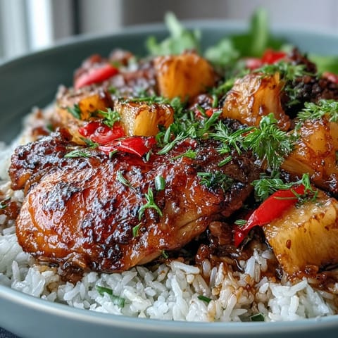One-Pan Pineapple Chicken and Rice Bake with juicy chicken thighs and sweet pineapple chunks in a savory broth.  