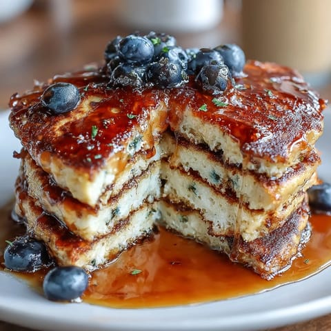 High-protein cottage cheese pancakes with juicy blueberries, golden and fluffy, served with a drizzle of maple syrup and extra berries.