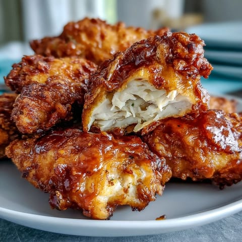 Crispy Southern Fried Chicken with Honey Butter Biscuits on a rustic wooden board with golden biscuits and juicy fried chicken pieces.