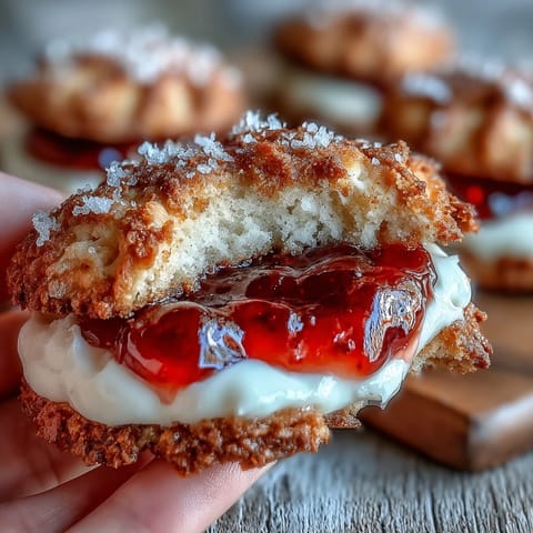 Golden-edged clotted cream cookies with jewel-like strawberry jam filling, offering a tender, melt-in-your-mouth texture.