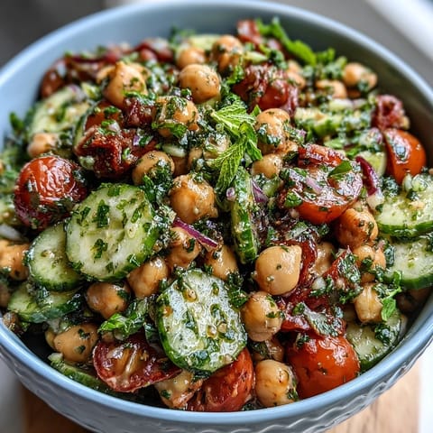 Healthy Easy Cucumber Chickpea Salad with Lemon Vinaigrette - Crisp cucumbers, protein-rich chickpeas, and zesty lemon dressing create a vibrant, refreshing salad perfect for a light lunch.
