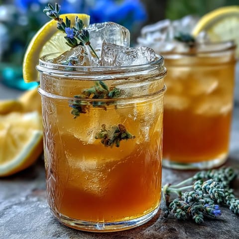 Refreshing lavender honey lemonade pitcher with vibrant lemon slices and fresh lavender sprigs, served over ice for a perfect spring sip.