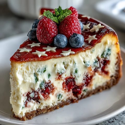 Festive no-bake cheesecake with fresh blueberries and strawberries arranged in American flag design, perfect for Fourth of July celebrations.