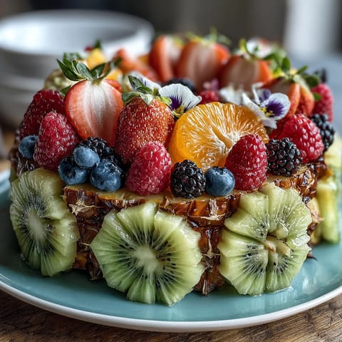 A vibrant fruit table with edible flowers, perfect for a graduation party celebration.